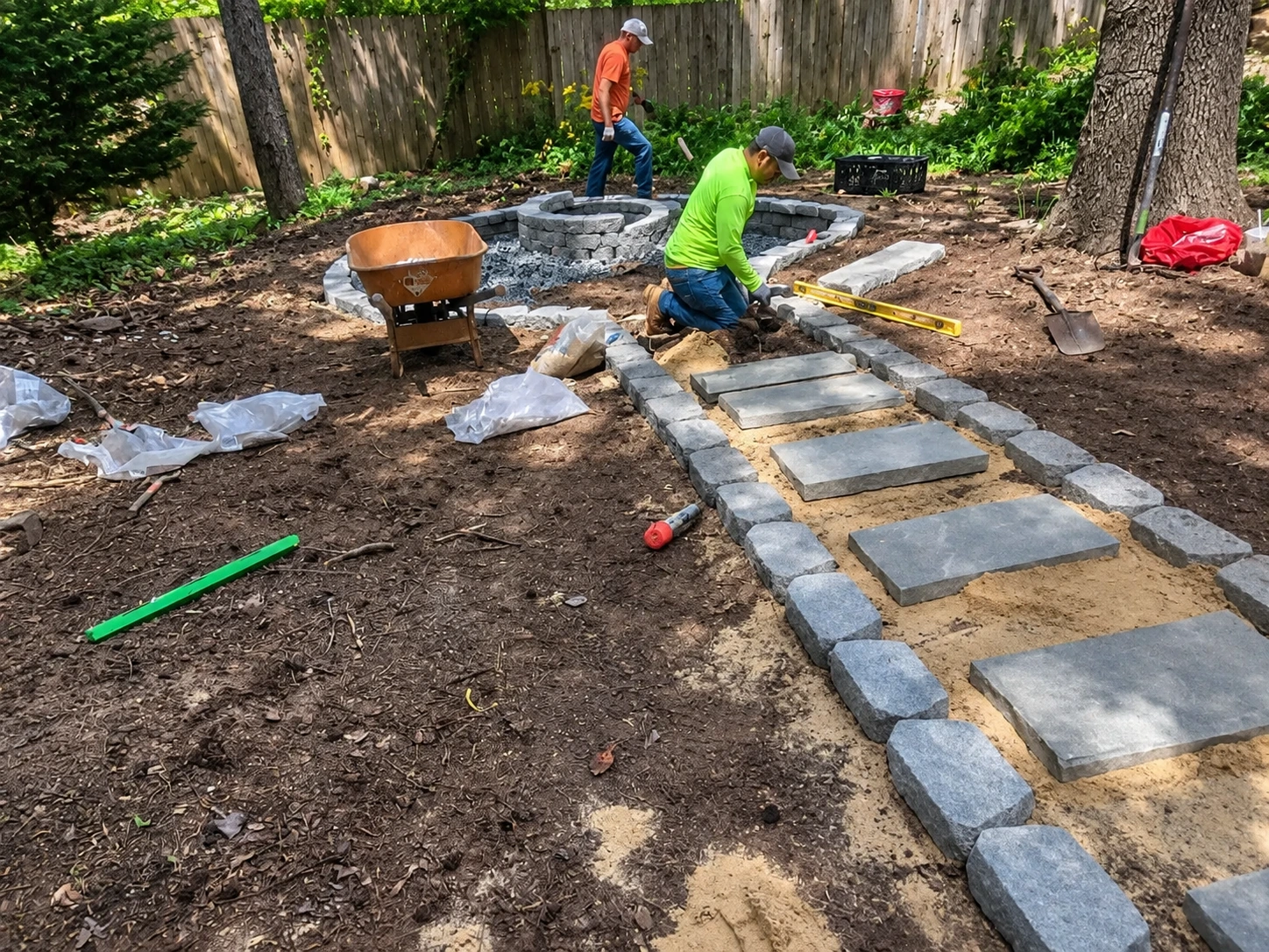 The crew setting the stepping-stone path